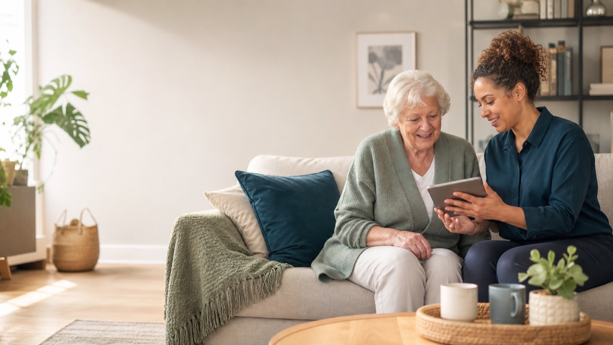 A younger woman sitting on a sofa with an older woman, looking together at advice on a tablet in a bright, comfortable living room