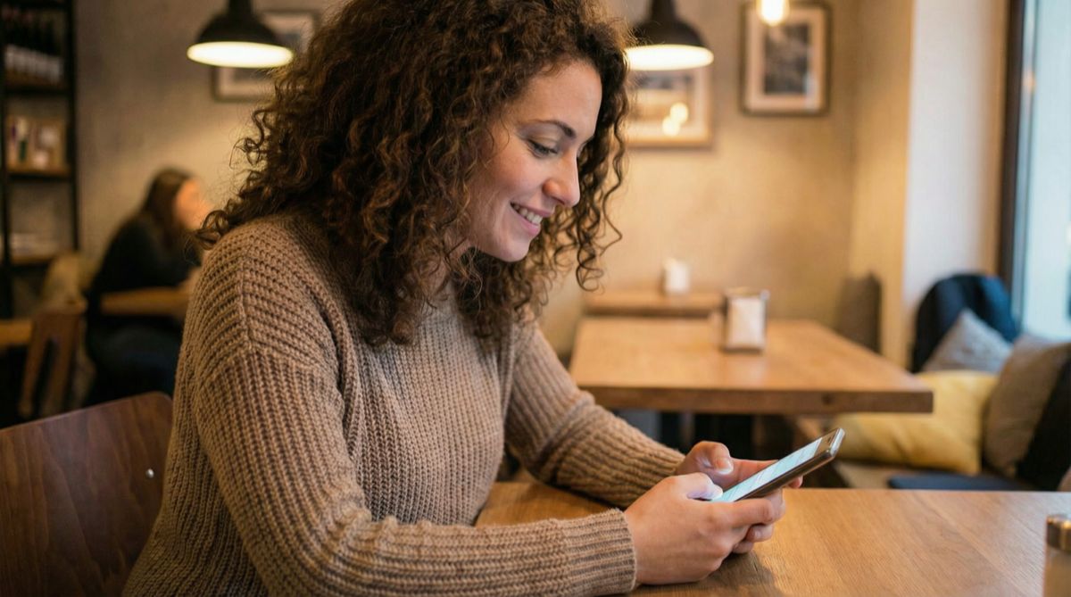 A woman smiling while looking at her phone in a cafe, staying connected with family through Signal Homecare