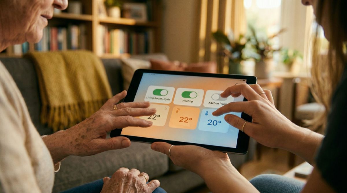 An older woman and a younger woman together looking at a tablet showing a simple home control interface in a warm living room
