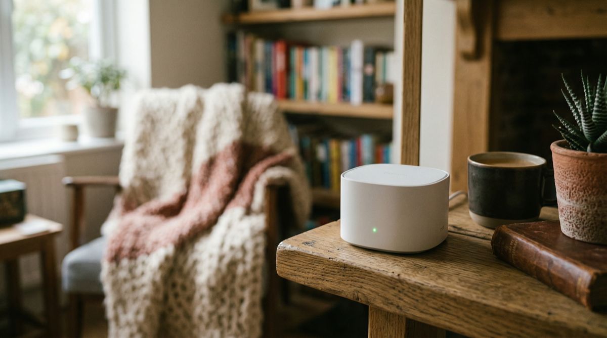 A small white smart home hub sitting on a wooden shelf beside a cup of tea, with bookshelves and a cosy armchair in the background